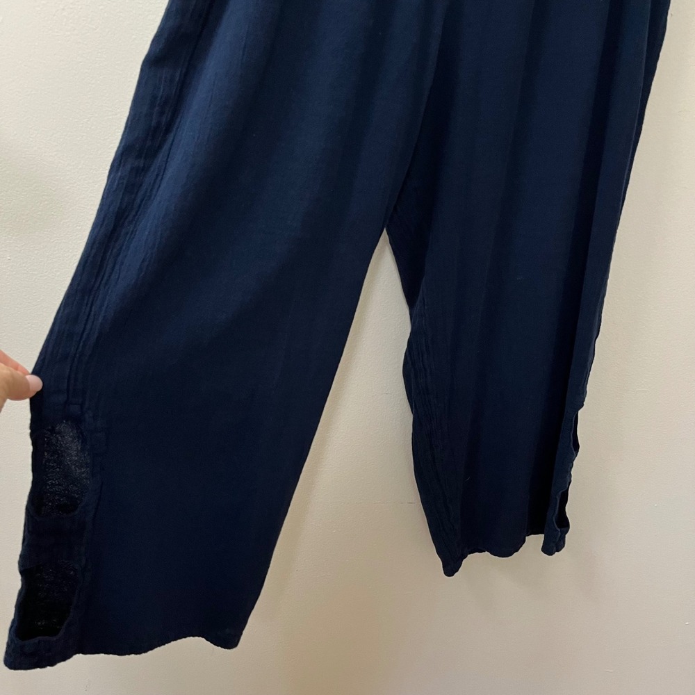 Oh My Gauze Wide Leg Pants L/XL Navy Crop Cutout Hem Boho Lagenlook Minimalist - Picture 3 of 7